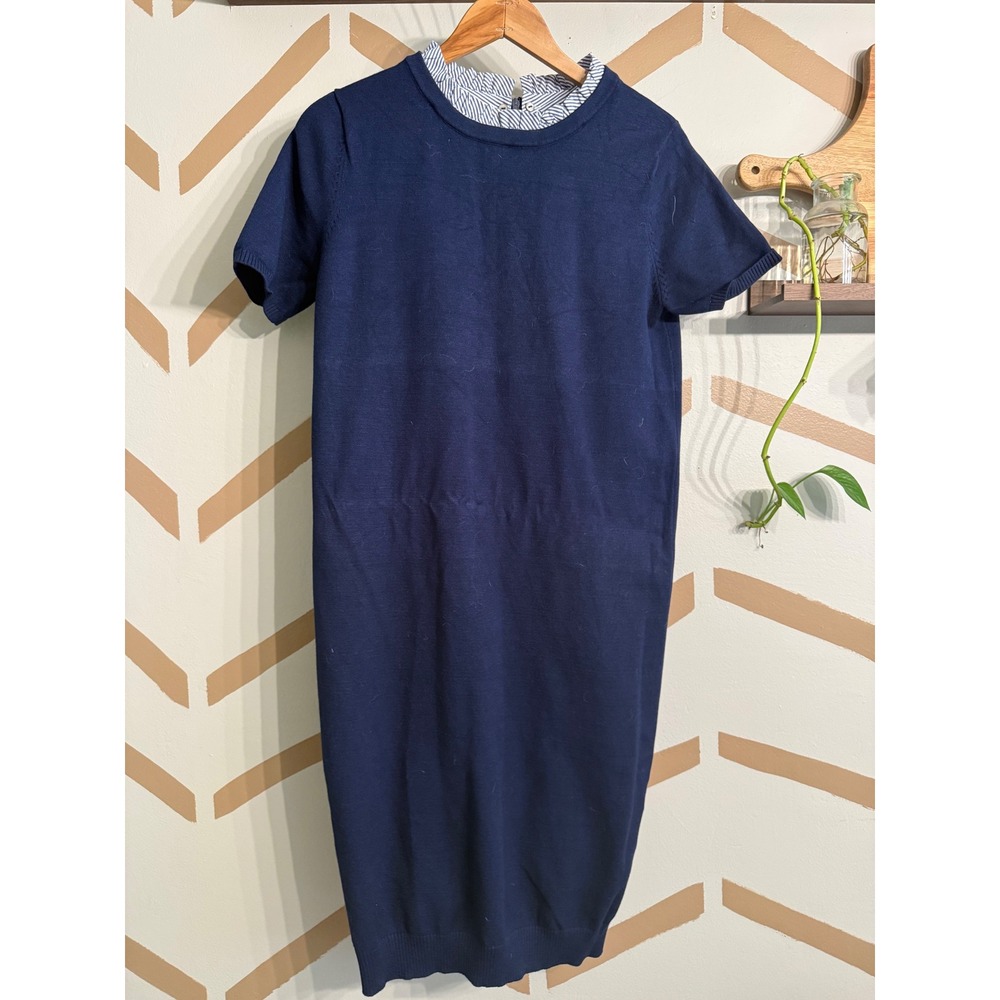 Seraphine Knit Dress Women 6 Navy Blue Removable Collar Short Sleeve Maternity